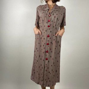 Vintage 1940s taupe grey atomic age print shirtdress